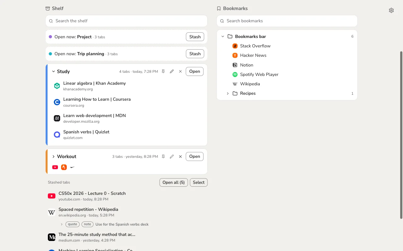 An opened tab group with its links, and stashed tabs with a quote and a note